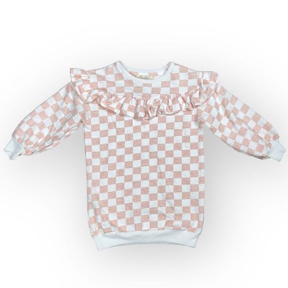 Jessica Simpson Pink & White Checkered Tunic Sweatshirt, 3/4 Sleeves, Girls 5 - Picture 1 of 9